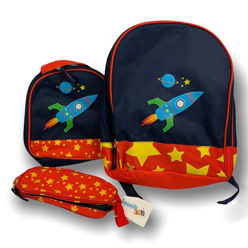 Aquarella Kids 3 Piece New Kids Backpack Pencil Case Lunchbox Blue Rocket 14"